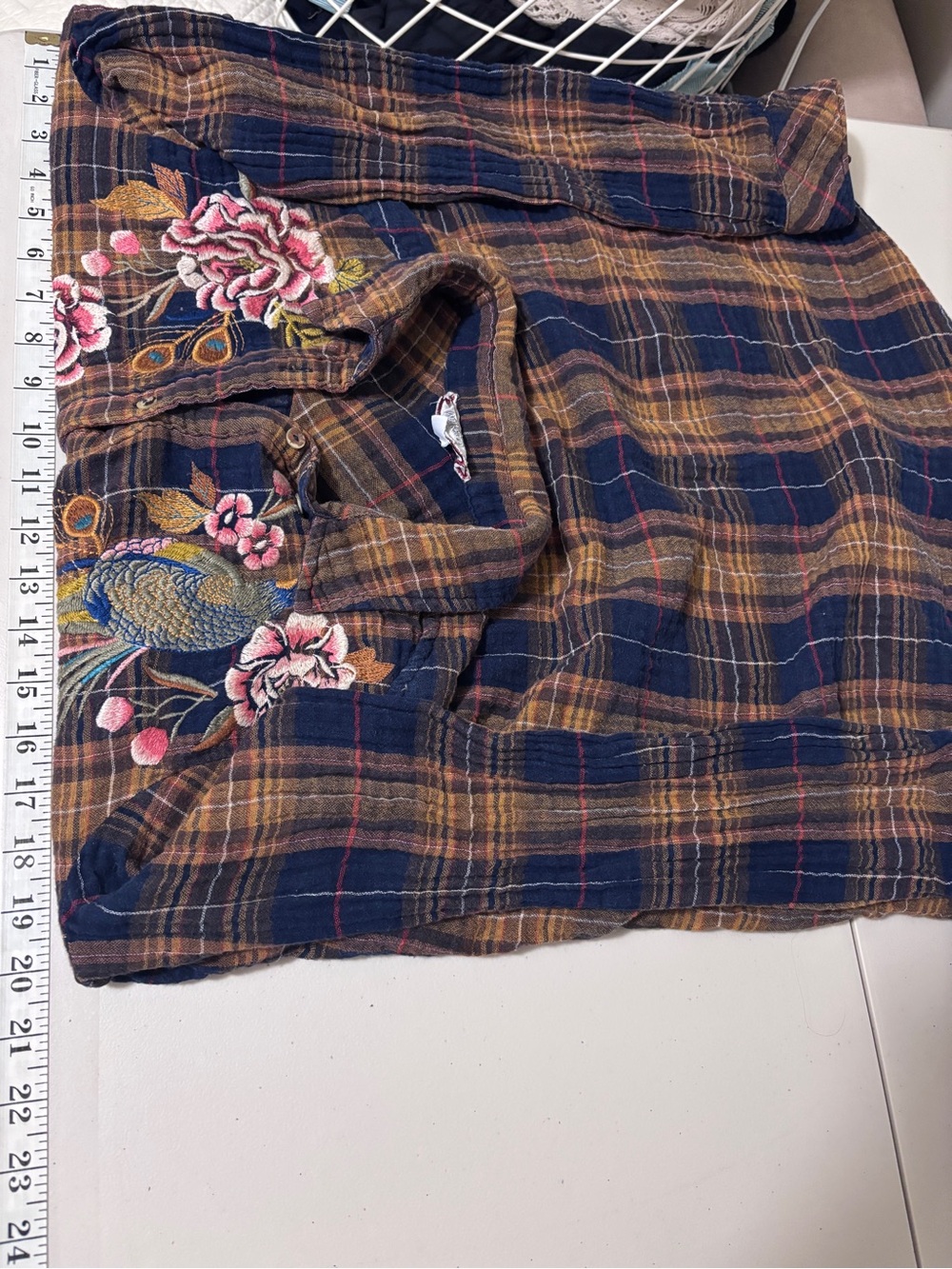 Johnny Was Quito Painters Smock Size Small Tunic Plaid Floral Peacock Gauze Soft - Picture 6 of 11